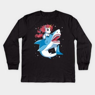 Unicorn Riding Shark T Shirt Kids Girls Boys Rainbow Squad Cute Gifts Party Kids Long Sleeve T-Shirt